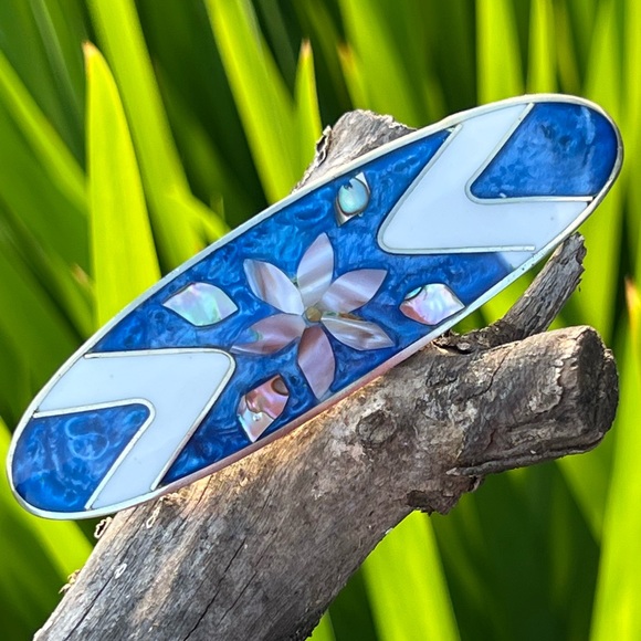 Vintage Alpaca Mexico Silver Abalone & Mother of Pearl Inlaid Hair Barrette